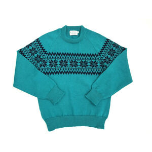 Moriarty Ski Sweater M Turquoise Blue Wool Handmade Vermont Snowflakes Fair Isle